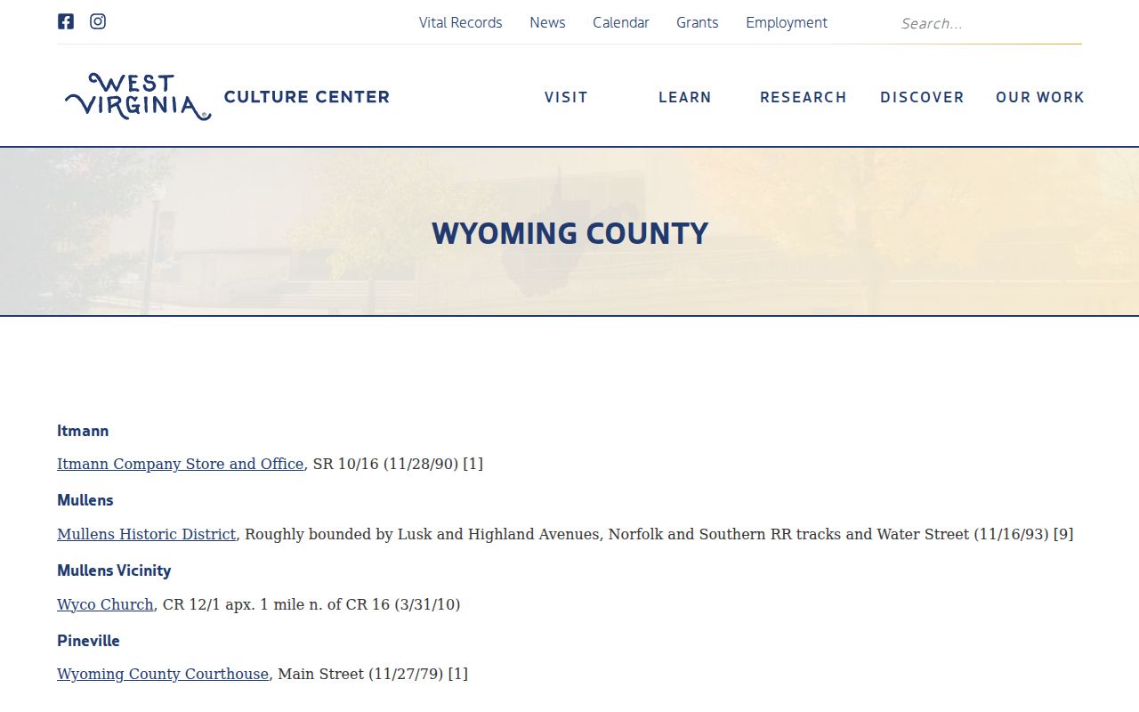 Mullens criminal records and Wyoming County historic register page