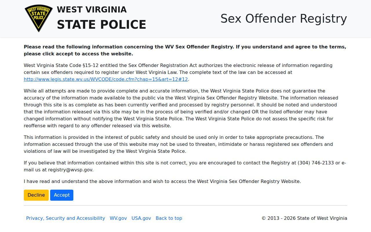 Wyoming County sex offender registry disclaimer and search conditions