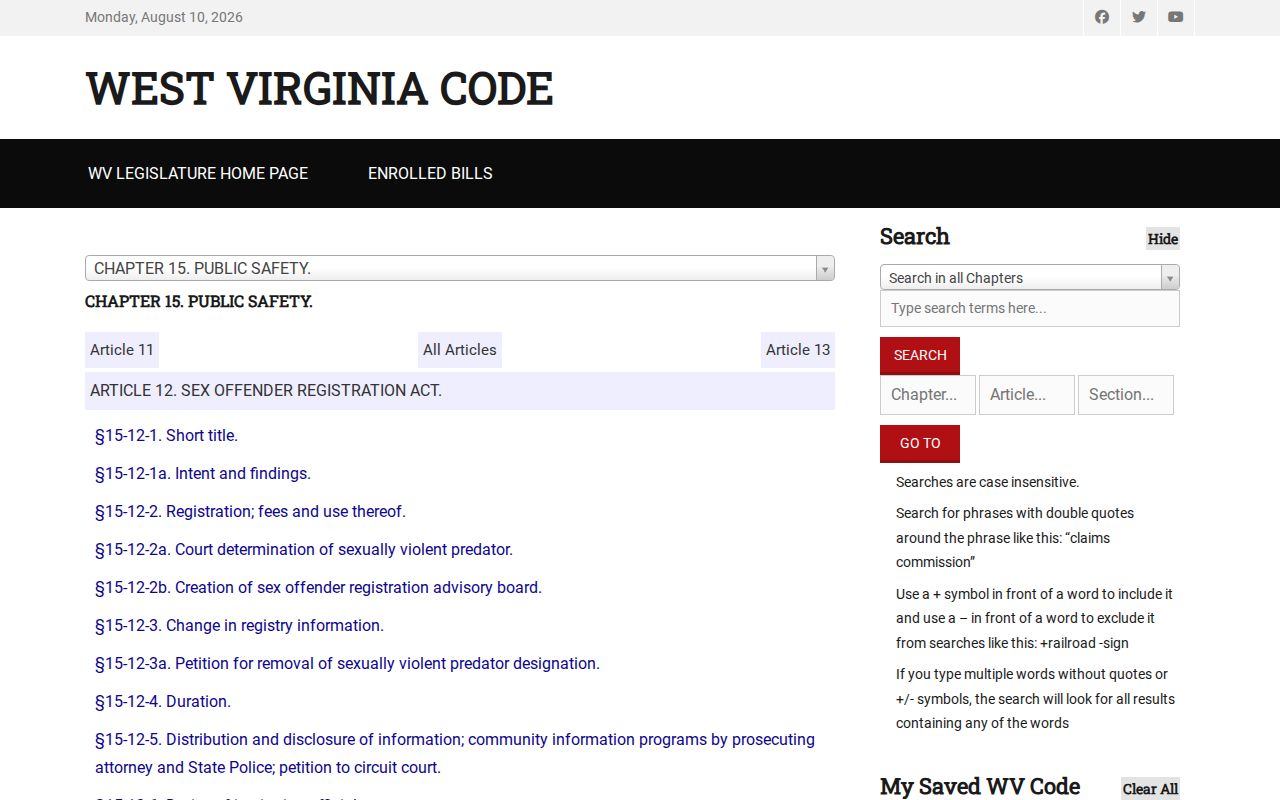 West Virginia law governing Wyoming County sex offender registry duties